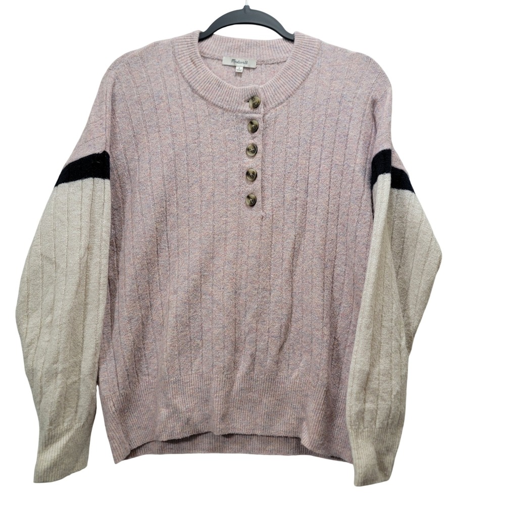 Madewell Merino Alpaca Blend Colorblock Ribbed‎ Henley Sweater Pink Lilac Small